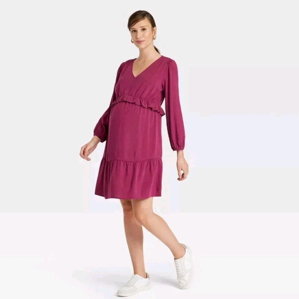 NWT -Long Sleeve Ruffle Waist Woven Maternity Dress - Isabel Maternity by Ingrid